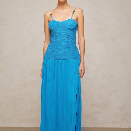 Blue pleated maxi dress with side slit called Felicie