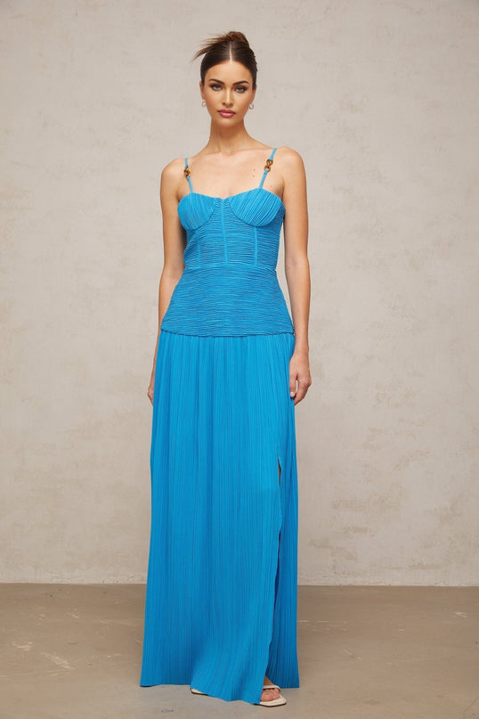 Blue pleated maxi dress with side slit called Felicie