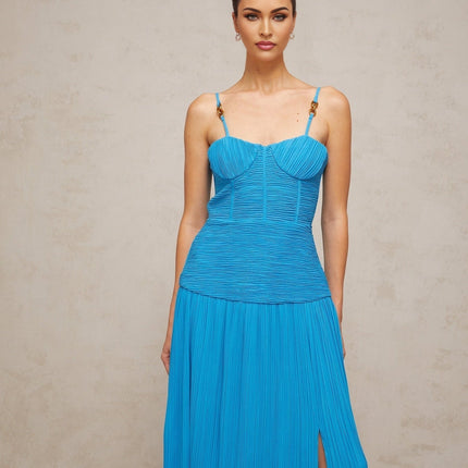 Blue pleated maxi dress with side slit called Felicie