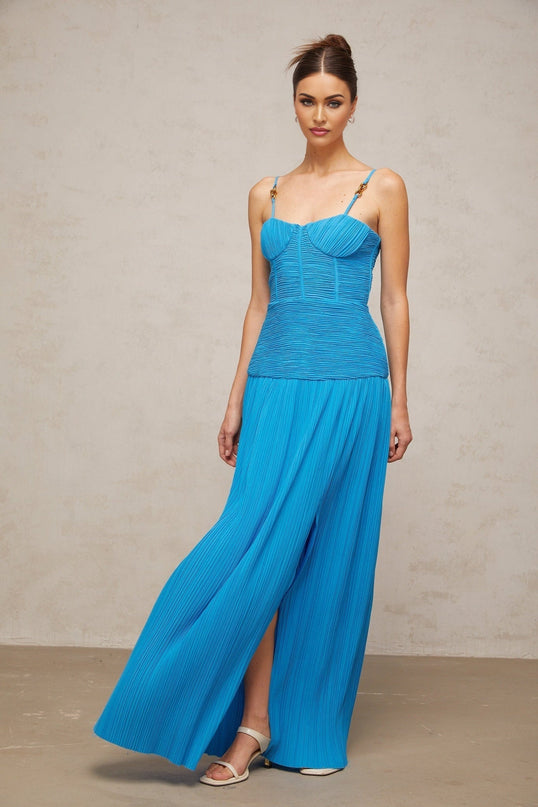 Blue pleated maxi dress with side slit named Felicie