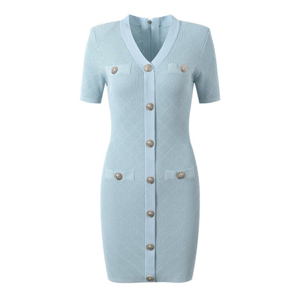 Blue ribbed knit button-front dress with metallic buttons and pocket accents