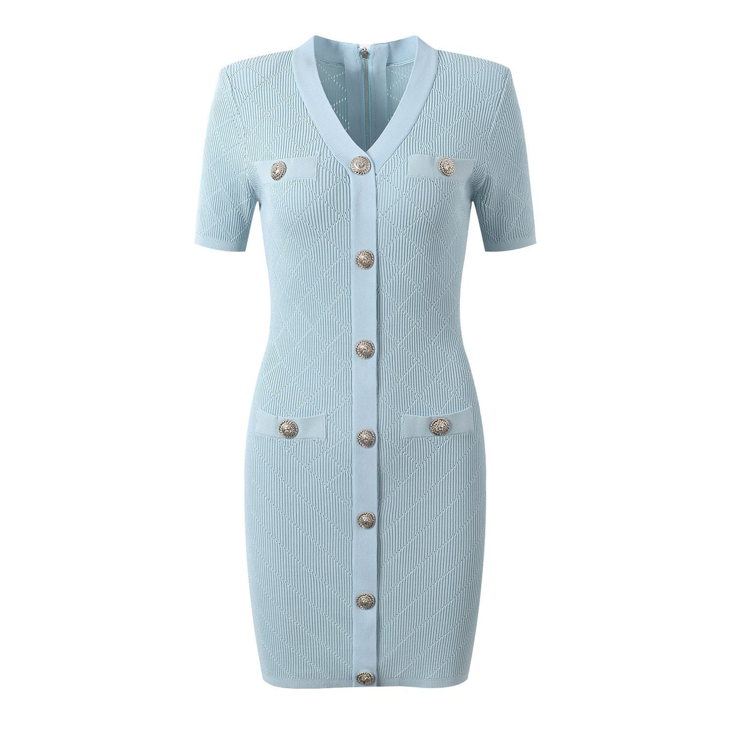 Blue ribbed knit button-front dress with metallic buttons and pocket accents