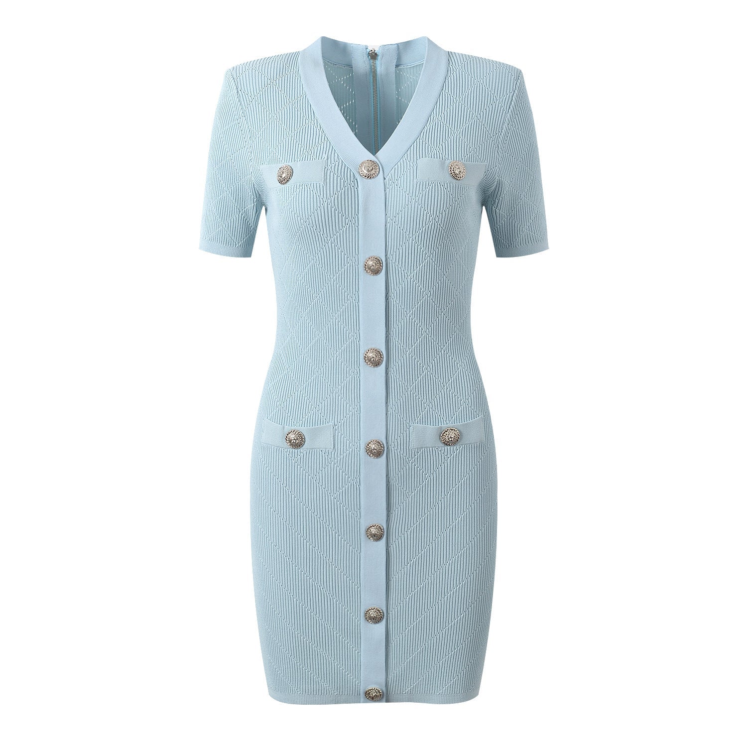 Blue ribbed knit button-front dress with metallic buttons and pocket accents