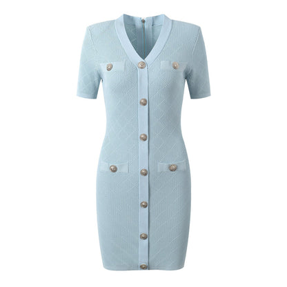 Blue ribbed knit button-front dress with metallic buttons and pocket accents