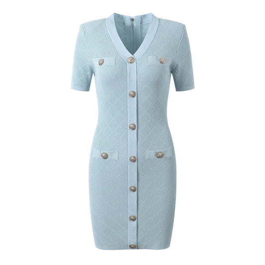 Blue ribbed knit button-front dress with metallic buttons and pocket accents