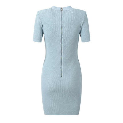 Blue ribbed knit button-front slim fit blouse with metallic buttons and pocket accents