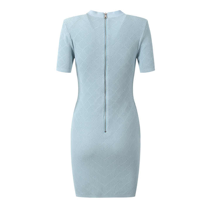 Blue ribbed knit button-front slim fit blouse with metallic buttons and pocket accents