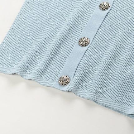 Blue ribbed knit button-front slim fit dress with metallic buttons and pockets