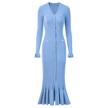 Blue Ribbed Knit Button-Up Sweater