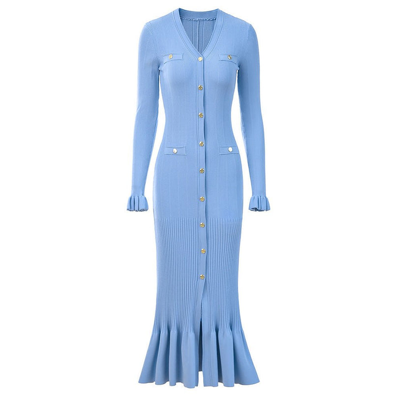 Blue Ribbed Knit Button-Up Sweater