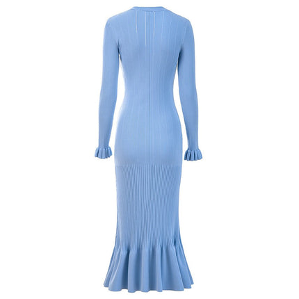 Blue Ribbed Knit Button-Up Top with Ruffled Cuffs and Hemline