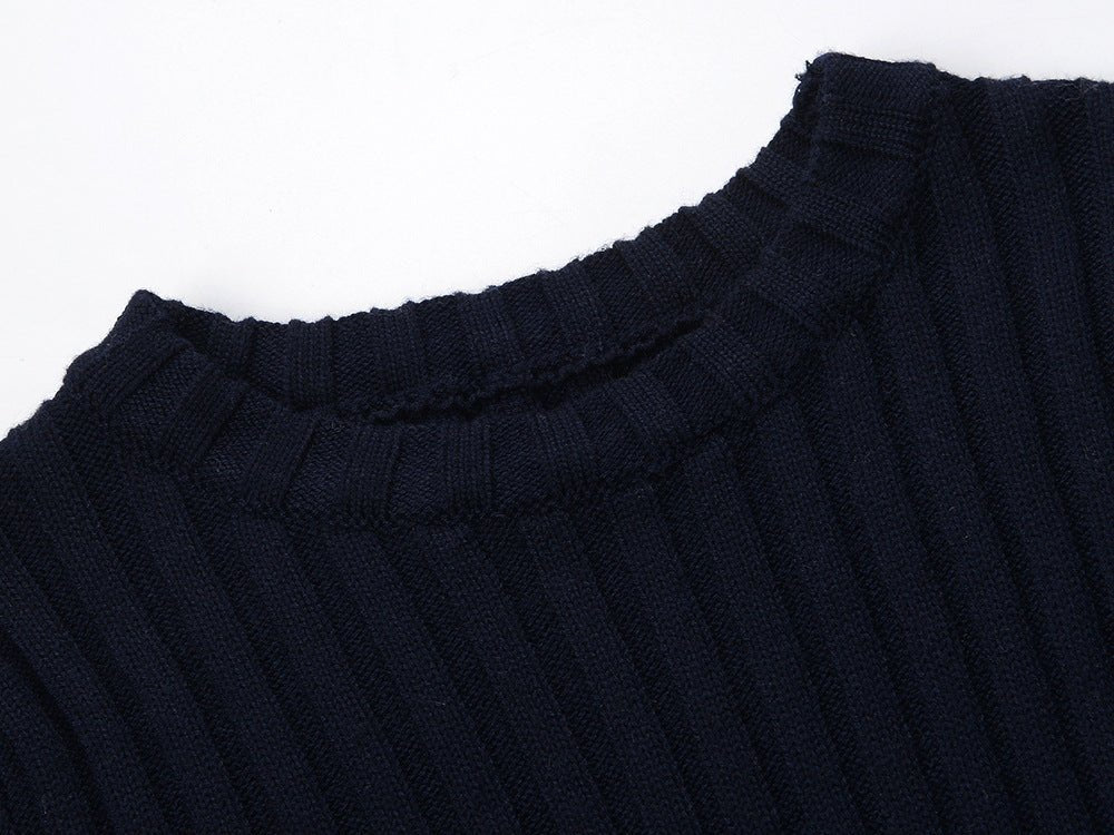 Blue ribbed knit dress with striped sleeves and skirt sections