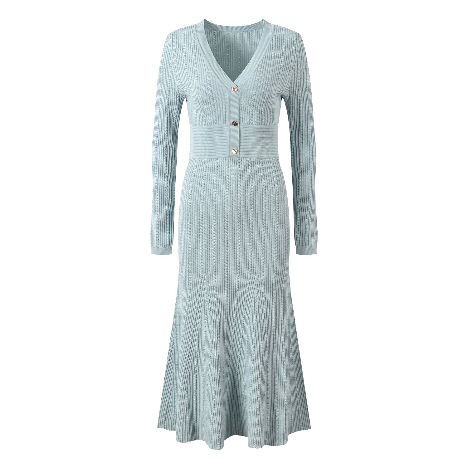 Blue ribbed knit dress with front button detail