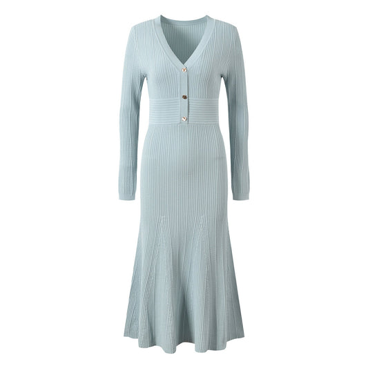 Blue ribbed knit dress with front button detail