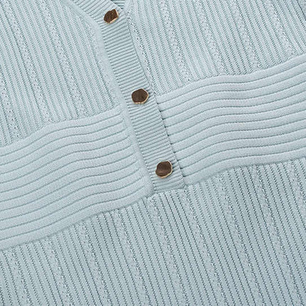 Blue Ribbed Knit V-Neck Dress with Button Detail