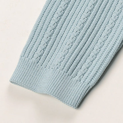 Blue Ribbed Knit V-Neck Dress with Button Detail
