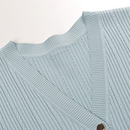 Blue Ribbed Knit V-Neck Dress with Button Detail
