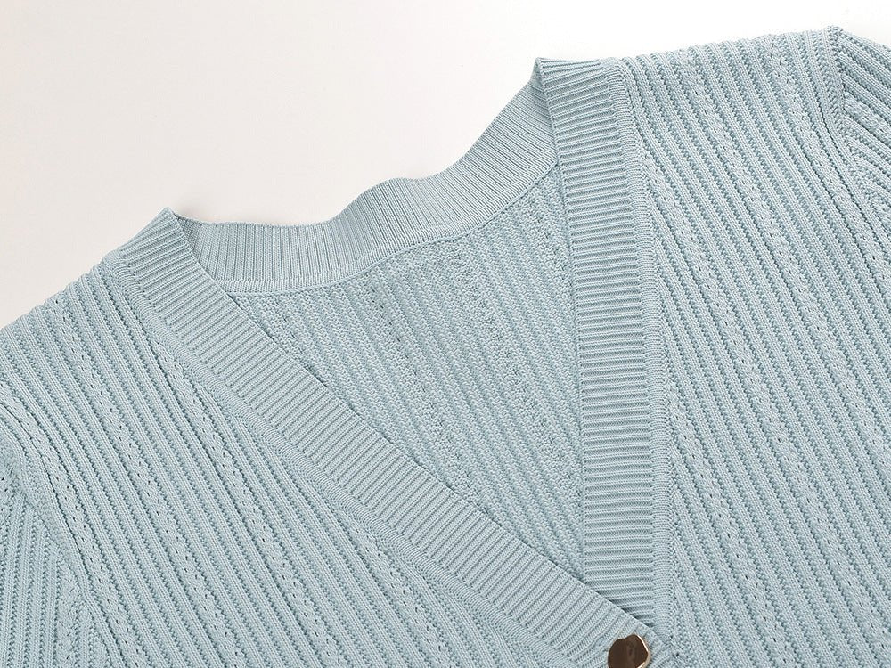 Blue Ribbed Knit V-Neck Dress with Button Detail