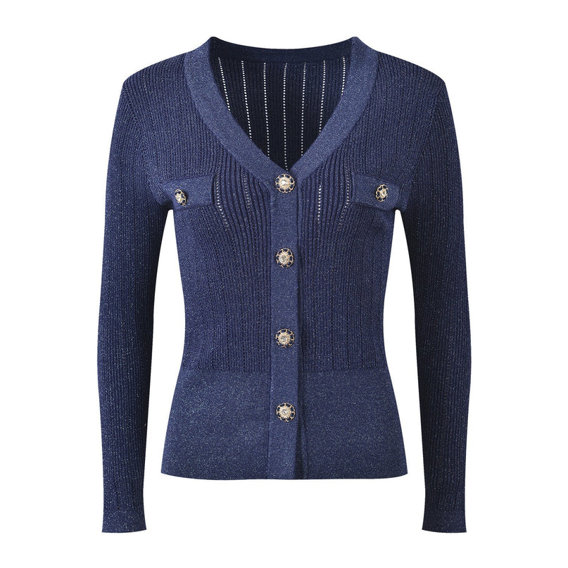 Blue Ribbed Knit V-Neck Sweater with Button Detail
