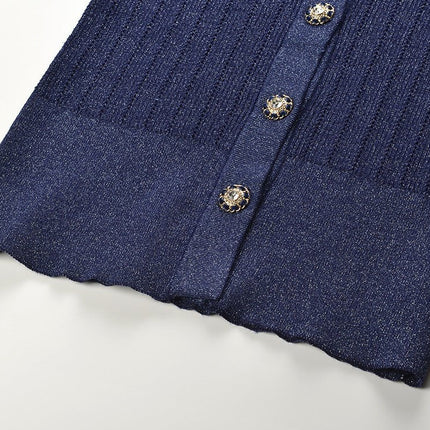 Blue Ribbed Knit V-Neck Sweater with Button Detail