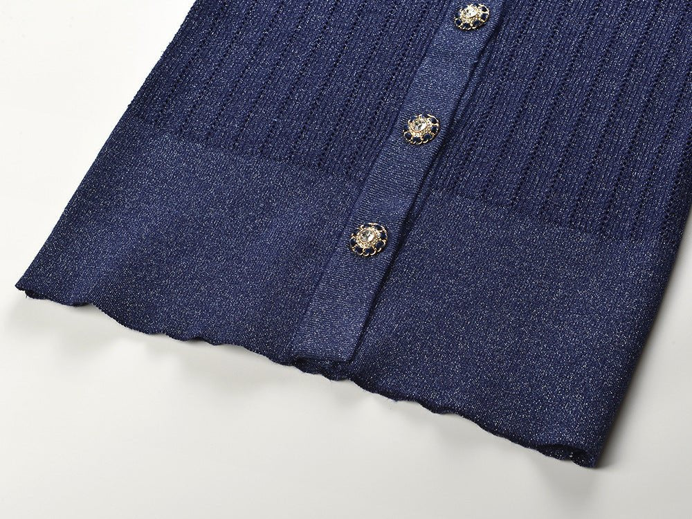 Blue Ribbed Knit V-Neck Sweater with Button Detail