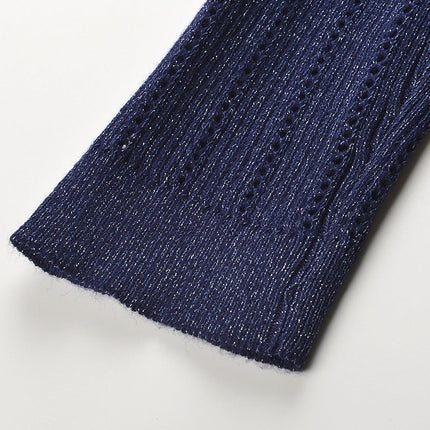 Blue Ribbed Knit V-Neck Sweater with Button Detail