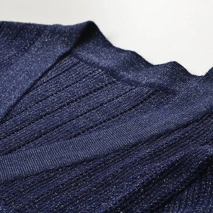 Blue ribbed knit v-neck top with button detail