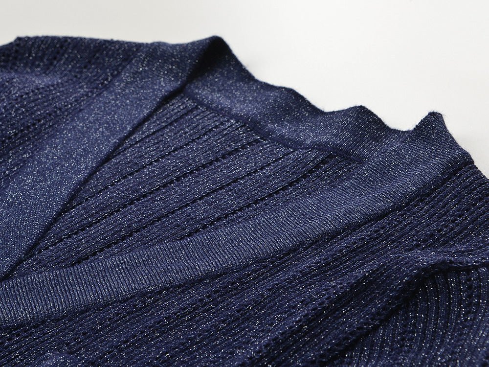 Blue ribbed knit v-neck top with button detail