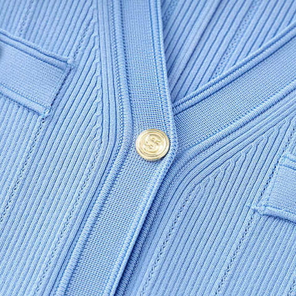 Blue Ribbed Texture Button-Up Knit Top