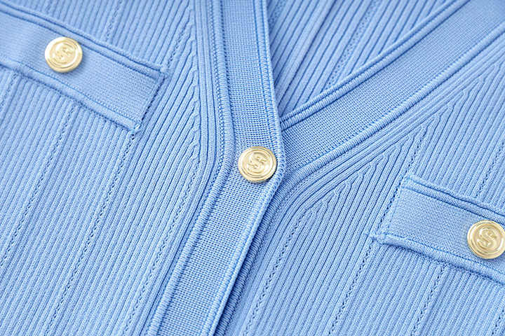 Blue Ribbed Texture Button-Up Knit Top