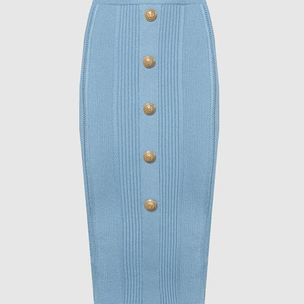 Light Blue Ribbed Two-Piece Crop Top Set with Gold Buttons