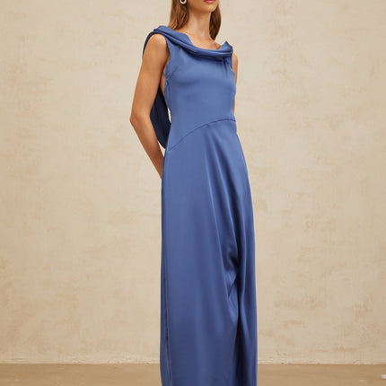 Blue Sapphire Satin Cowl Neck Maxi Dress with Open Back and Side Slit