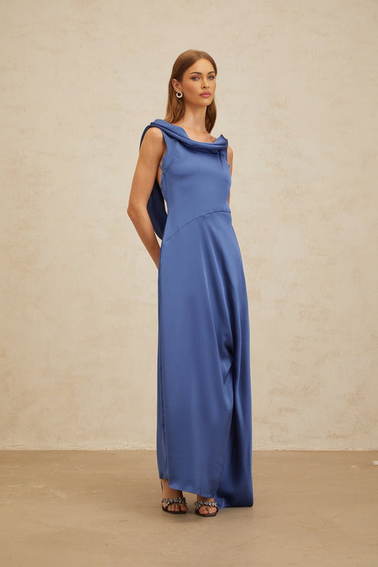 Blue Sapphire Satin Cowl Neck Maxi Dress with Open Back and Side Slit