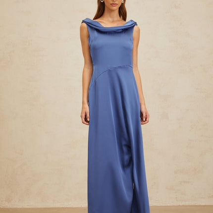 Blue Sapphire Satin Maxi Dress with Cowl Neck and Open Back