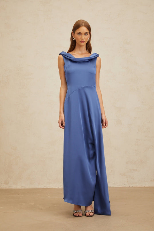 Blue Sapphire Satin Maxi Dress with Cowl Neck and Open Back