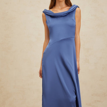 Blue satin cowl neck sleeveless maxi dress with open back and side slit