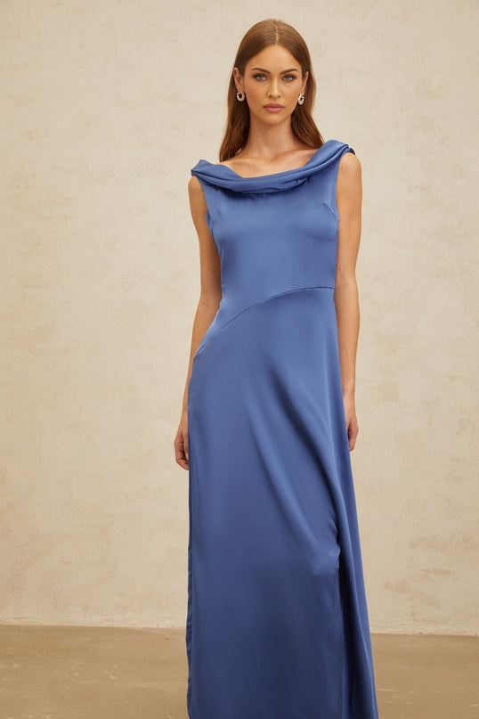 Blue satin cowl neck sleeveless maxi dress with open back and side slit
