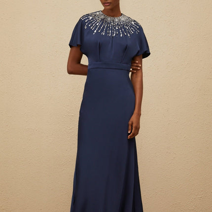 Blue Satin Maxi Dress with Sequin, Crystal, and Bead Embellishments
