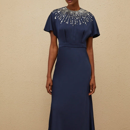 Blue Satin Maxi Dress with Sequin, Crystal, and Bead Embellishments