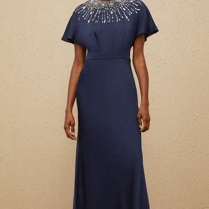 Blue Satin Maxi Dress with Embellishments and Open Back