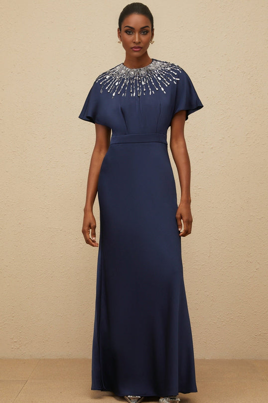 Blue Satin Maxi Dress with Embellishments and Open Back