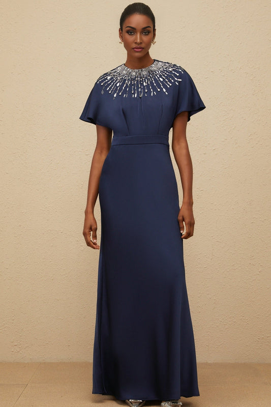 Blue Satin Maxi Dress with Embellishments and Open Back