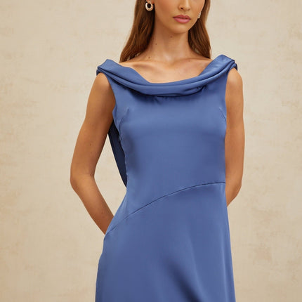 Blue Satin Sleeveless Maxi Dress with Cowl Neck and Open Back
