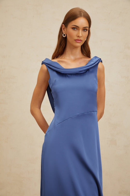 Blue Satin Sleeveless Maxi Dress with Cowl Neck and Open Back