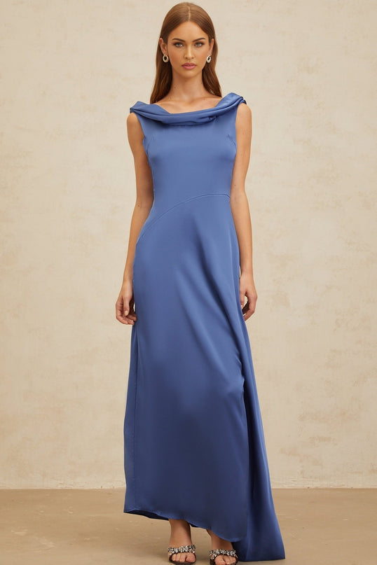 Blue Satin Sleeveless Maxi Dress with Cowl Neck and Open Back