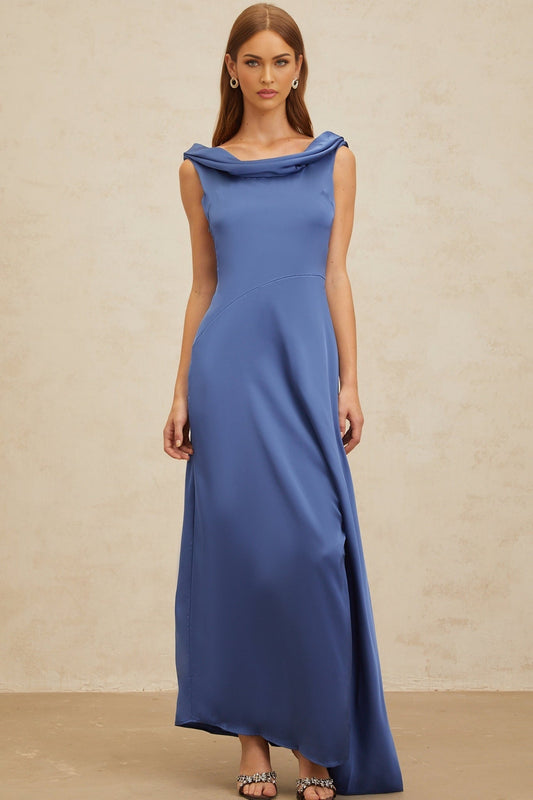 Blue Satin Sleeveless Maxi Dress with Cowl Neck and Open Back