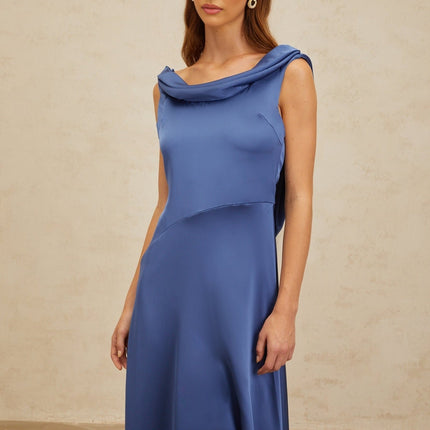 Blue Satin Sleeveless Maxi Dress with Cowl Neck and Open Back