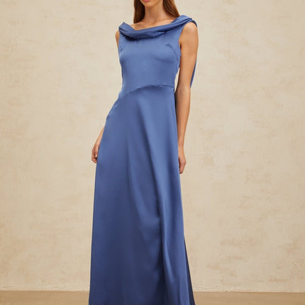 Blue Satin Sleeveless Maxi Dress with Cowl Neck and Side Slit