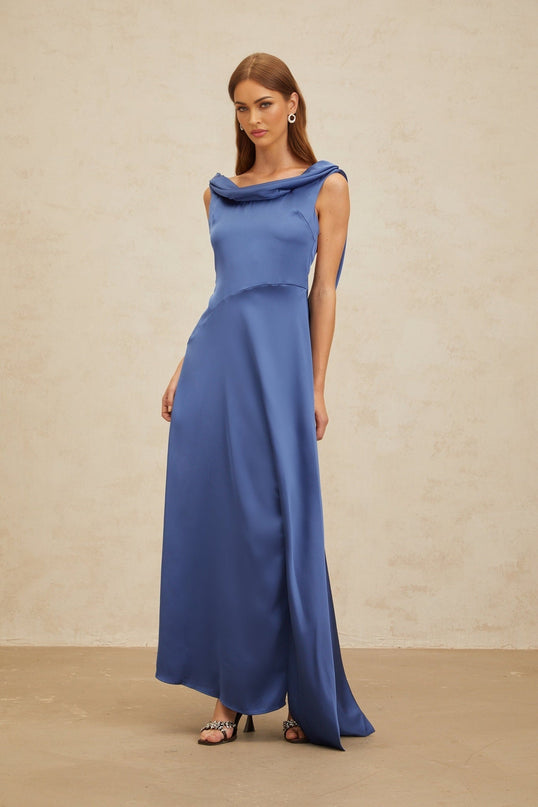 Blue Satin Sleeveless Maxi Dress with Cowl Neck and Side Slit