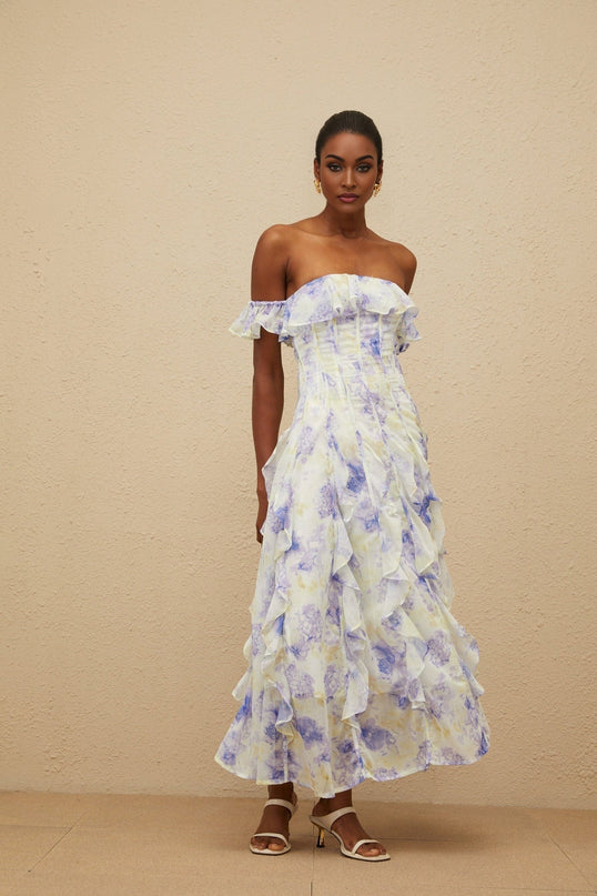 Blue sleeveless off the shoulder maxi dress with floral print and ruffled detailing
